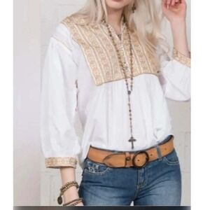 Sister Mary Blouse Womens XS White Gold 3/4 Sleeve  Peasant Boho Minimalist Top